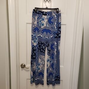 Boston Proper Palazzo Pants Blue Wide Leg Paisley Floral Boho Sz Medium Flowy